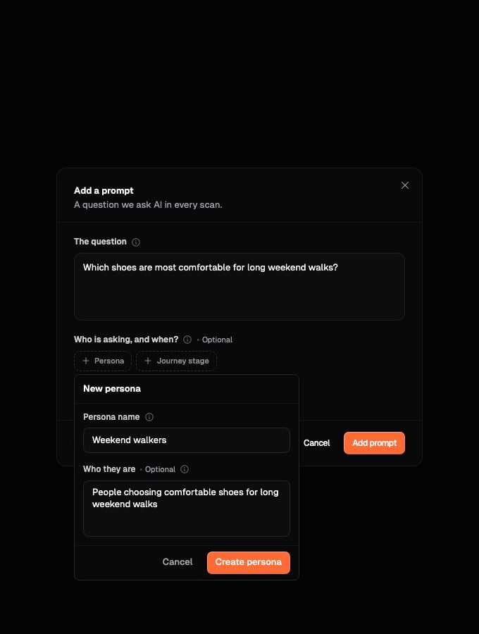 Add a prompt form with the New persona editor open and a name and description entered