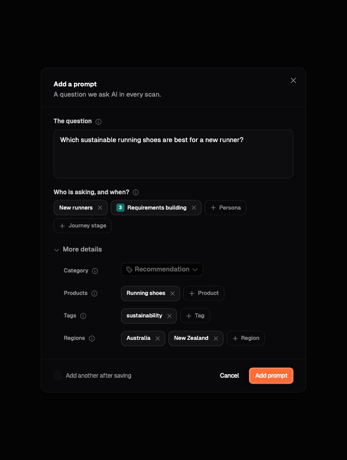 Completed Add a prompt form with a customer question, Persona, journey stage, Category, Product, tag, and regions