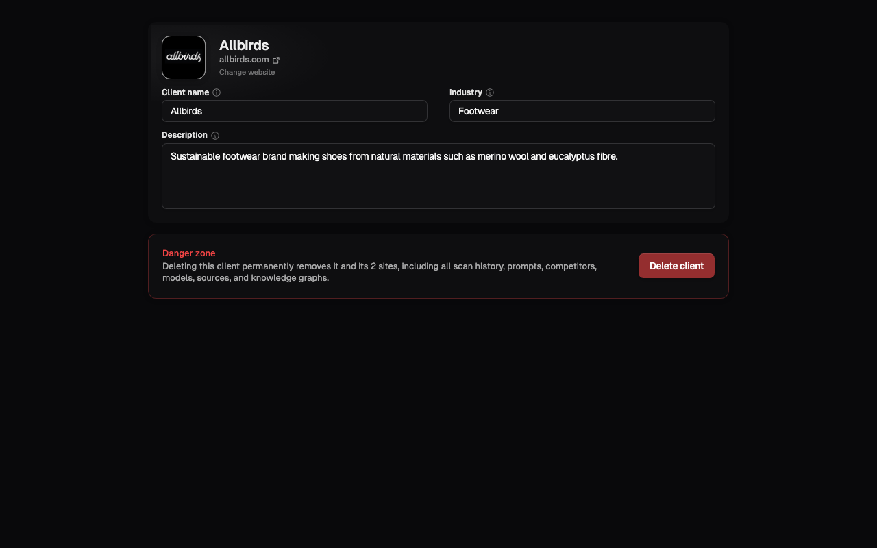 The Client Settings page with the client's profile and danger zone