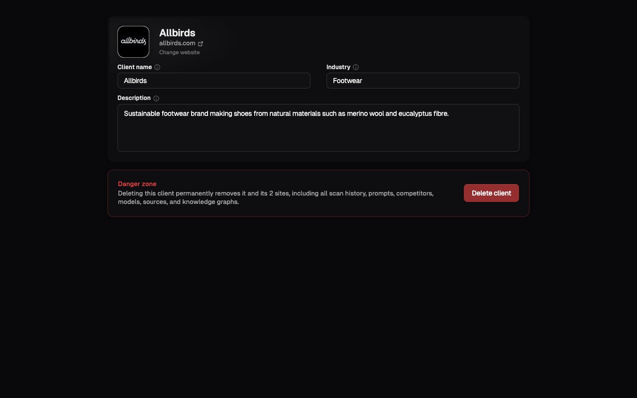 The Client Settings page with the client's profile and danger zone
