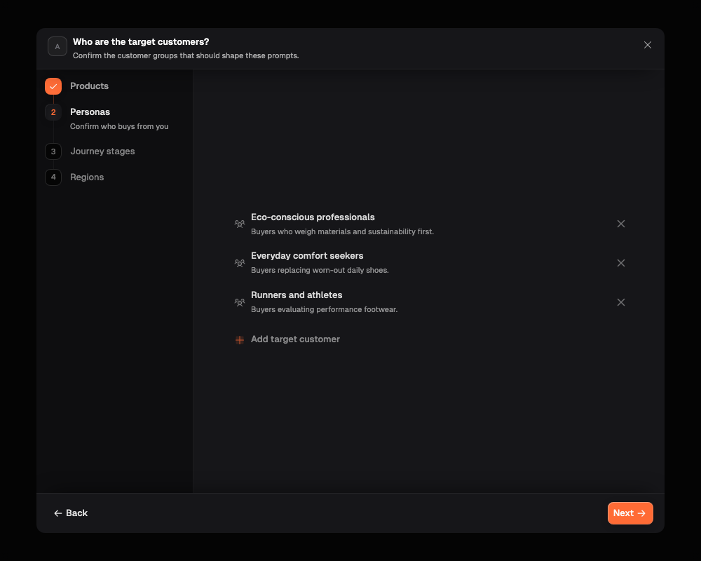 The Personas step, with suggested customer groups