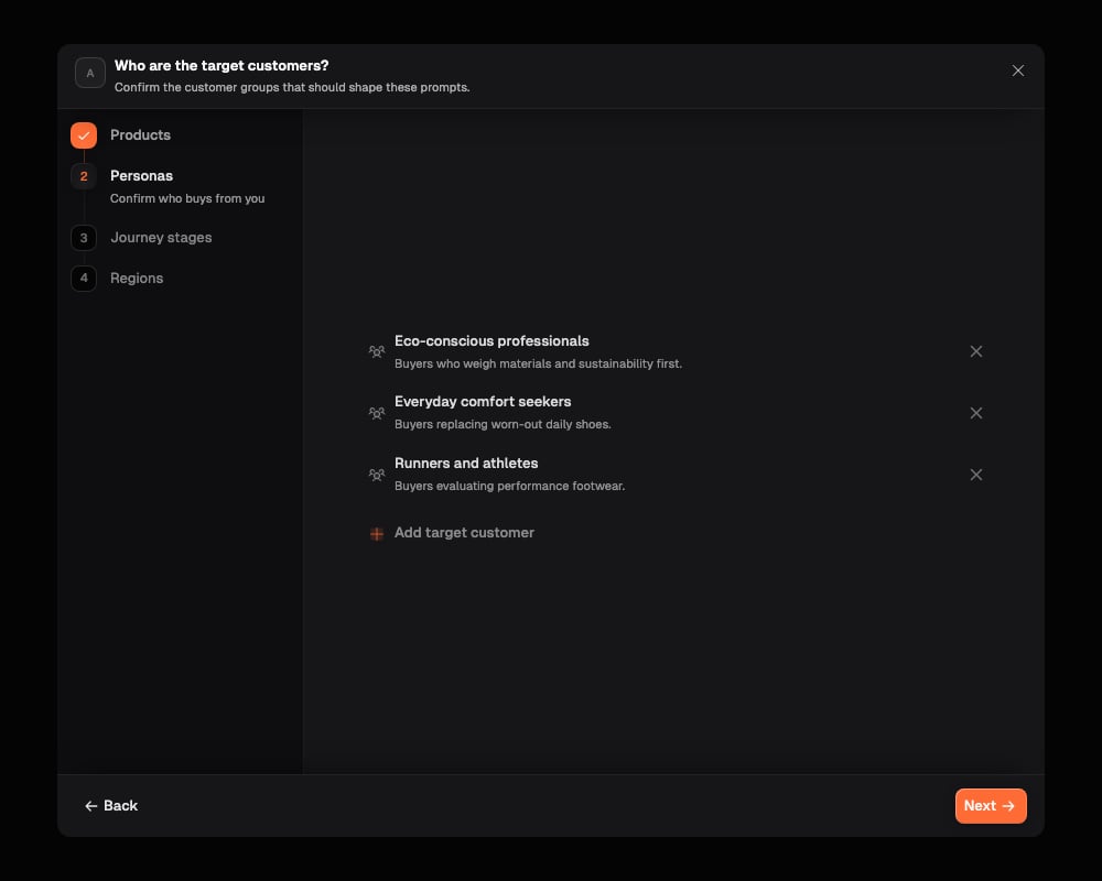 The Personas step, with suggested customer groups