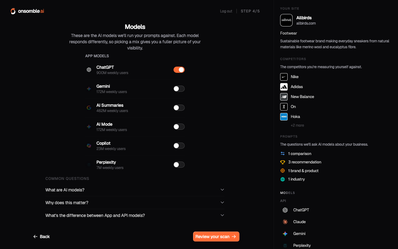 The Models step, listing app and API AI assistants with usage figures