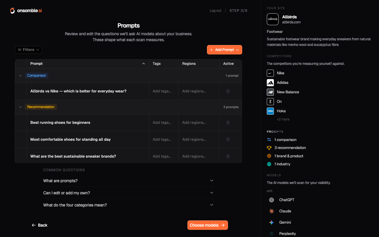 The Prompts step, showing generated questions grouped into categories