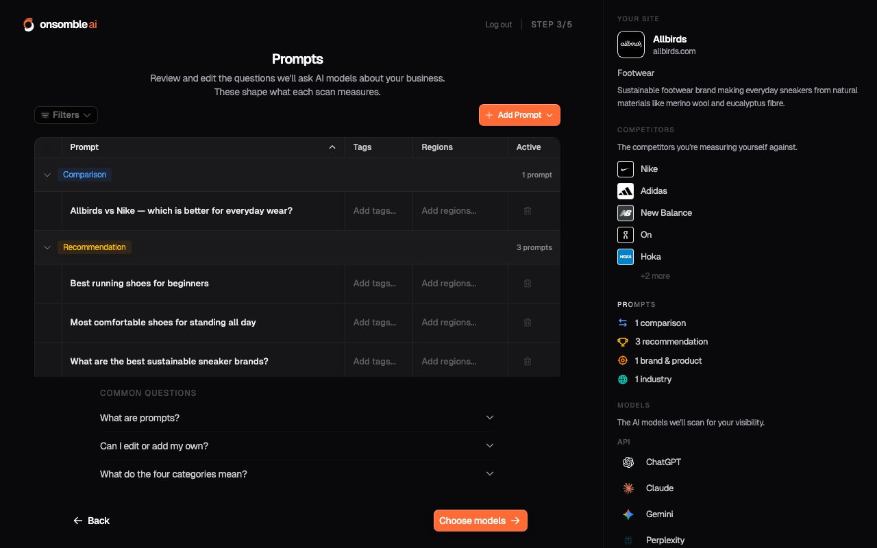 The Prompts step, showing generated questions grouped into categories