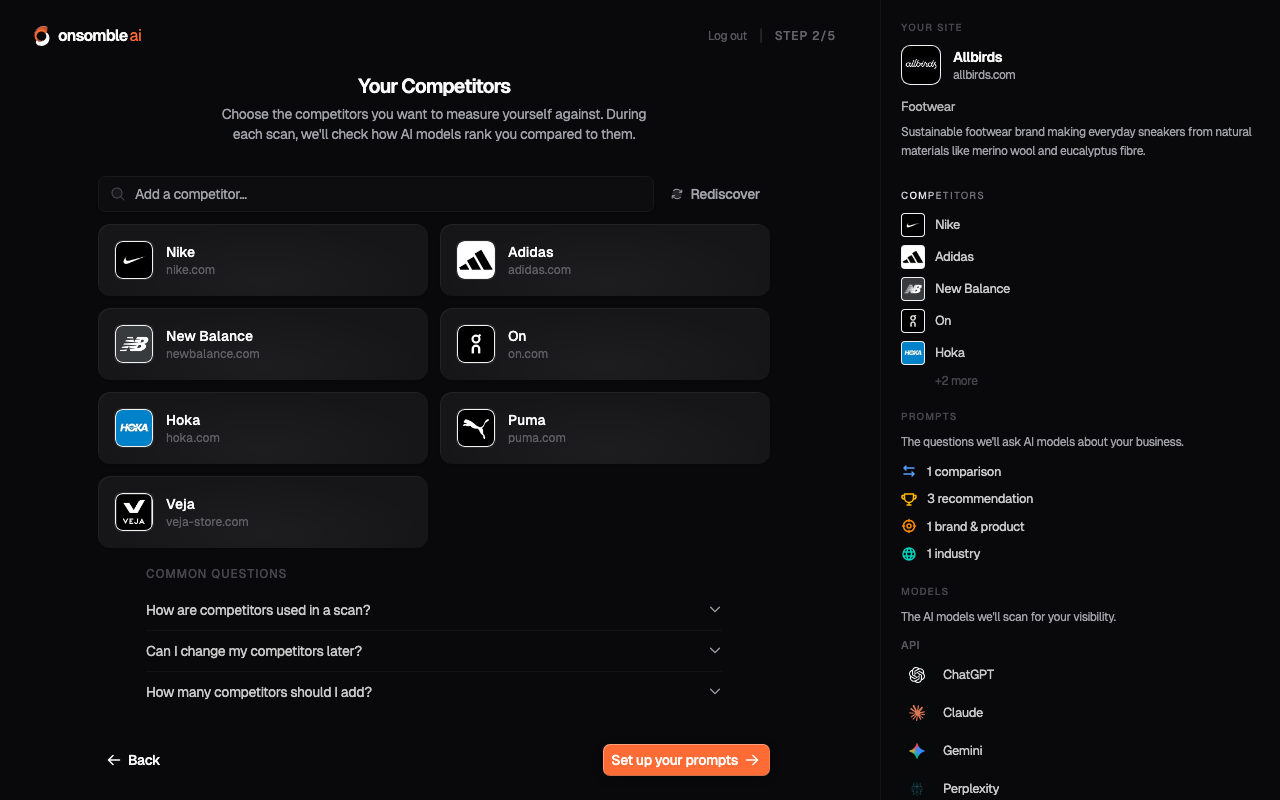 The Competitors step, with suggested competitor brands and a search box to add more