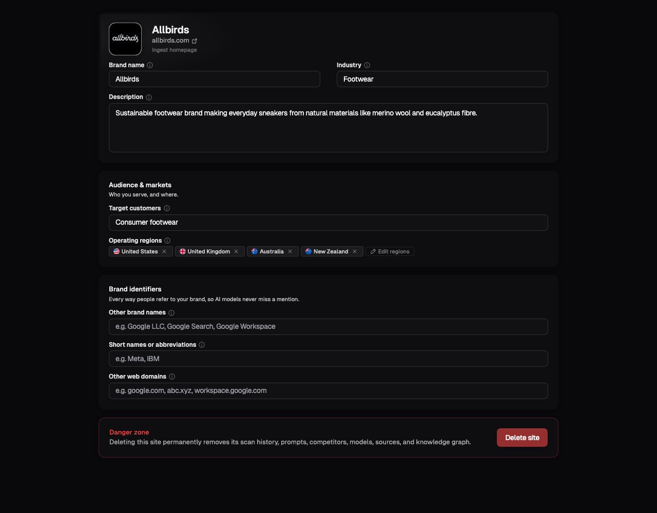 The business profile fields in Site Settings