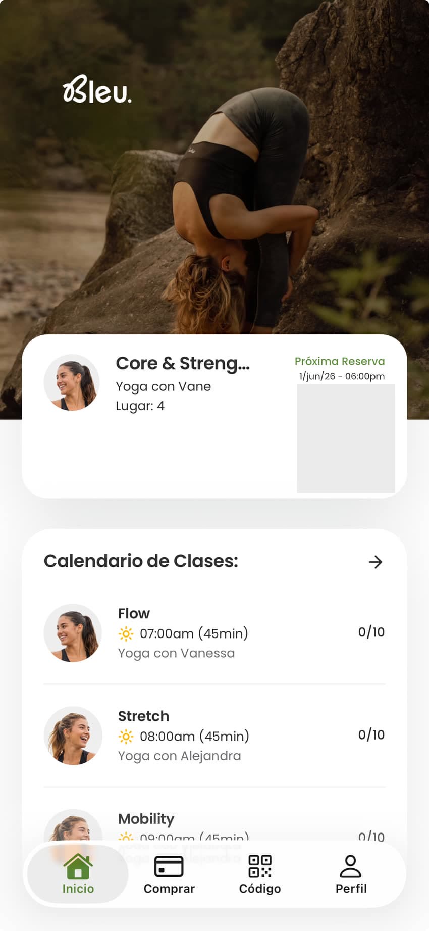 Pantalla móvil de OnStudio con resumen del estudio y próximas clases