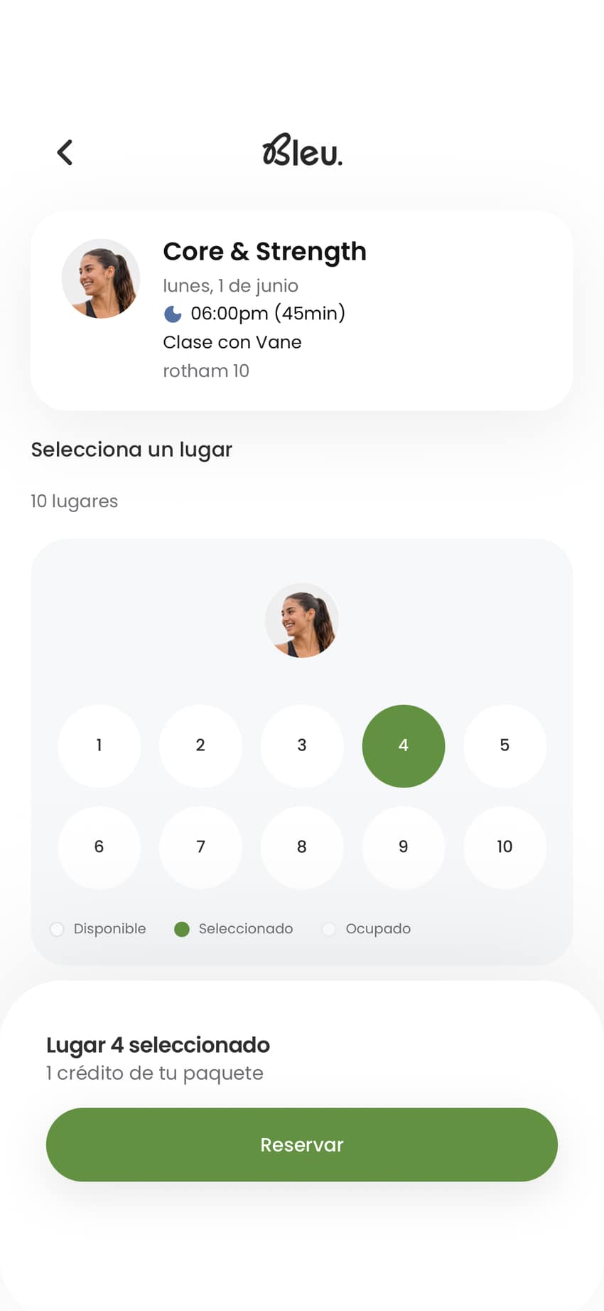 Vista móvil de OnStudio para elegir asiento y completar una reservación