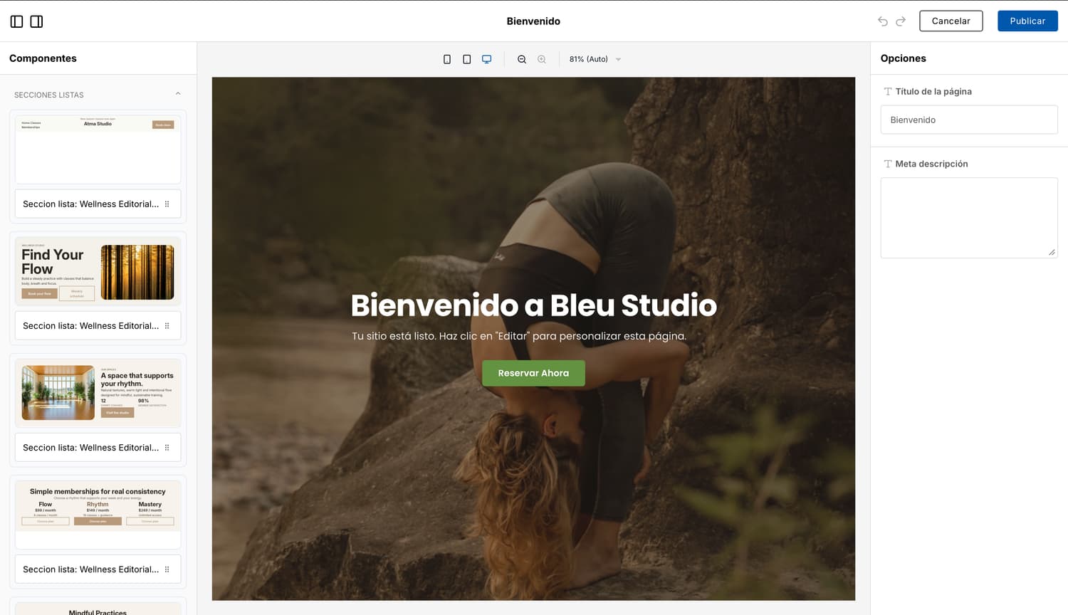 Editor de Página Web de OnStudio con vista previa, secciones y opciones de publicación