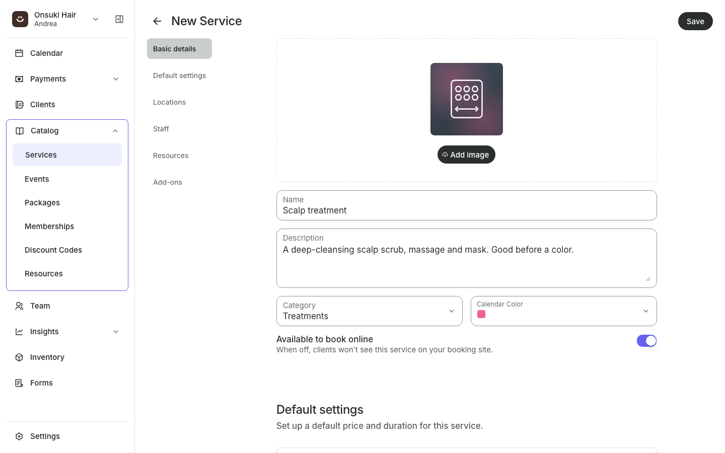 The New Service page with Basic details and Default settings