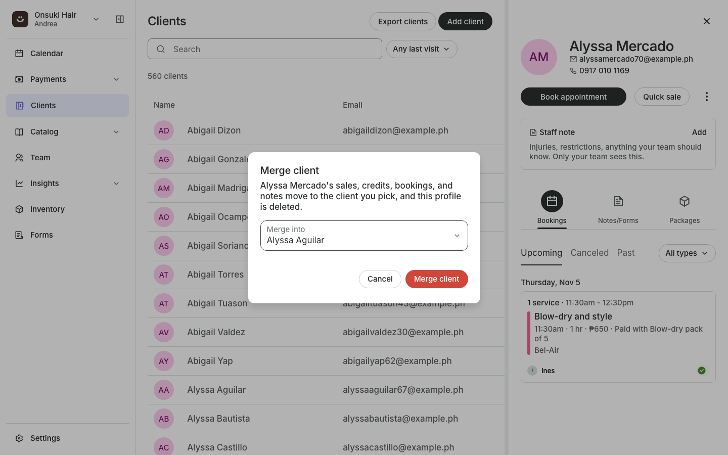 The Merge client dialog with the Merge into field filled in