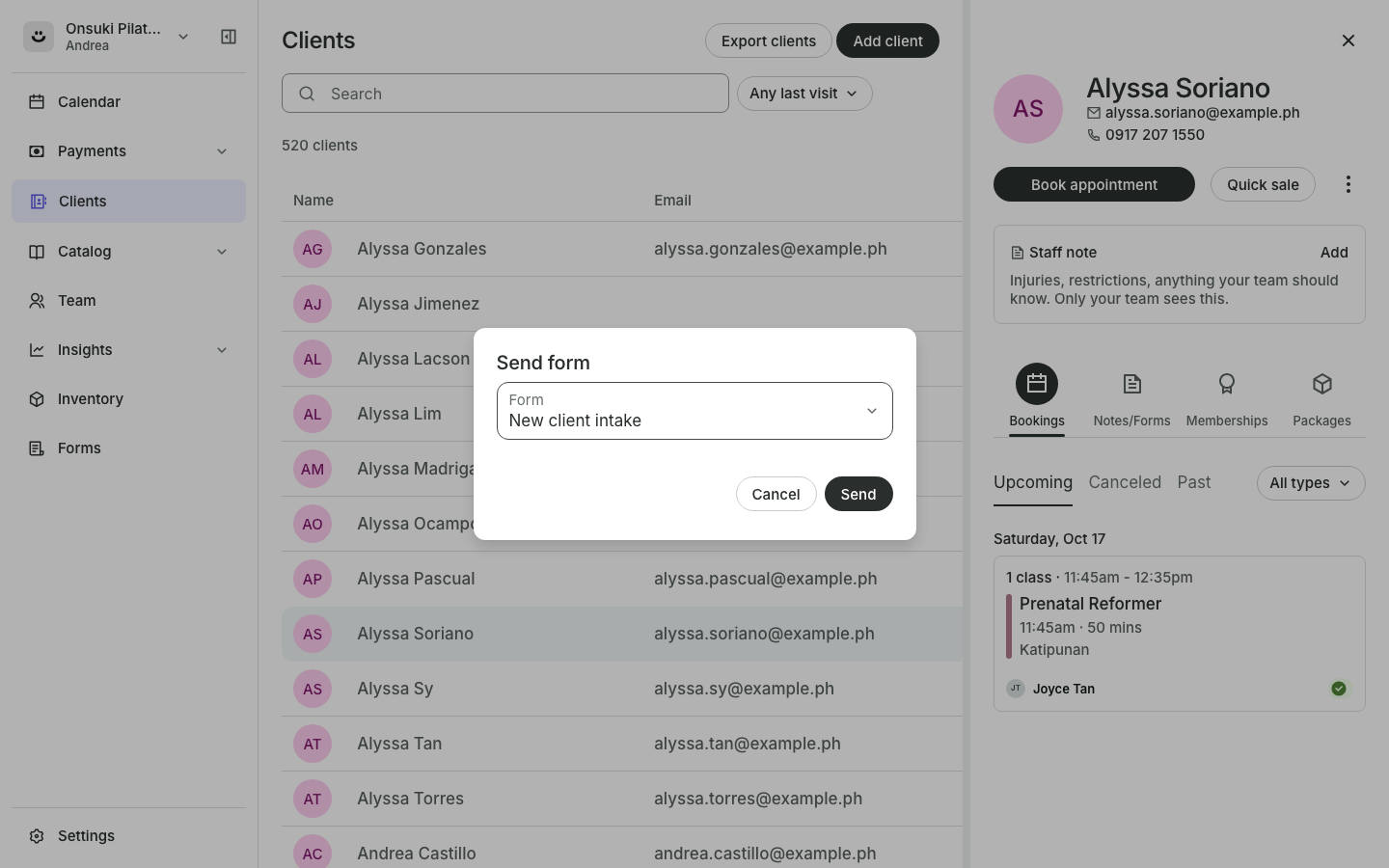The Send form dialog with Form and For fields and a Send button