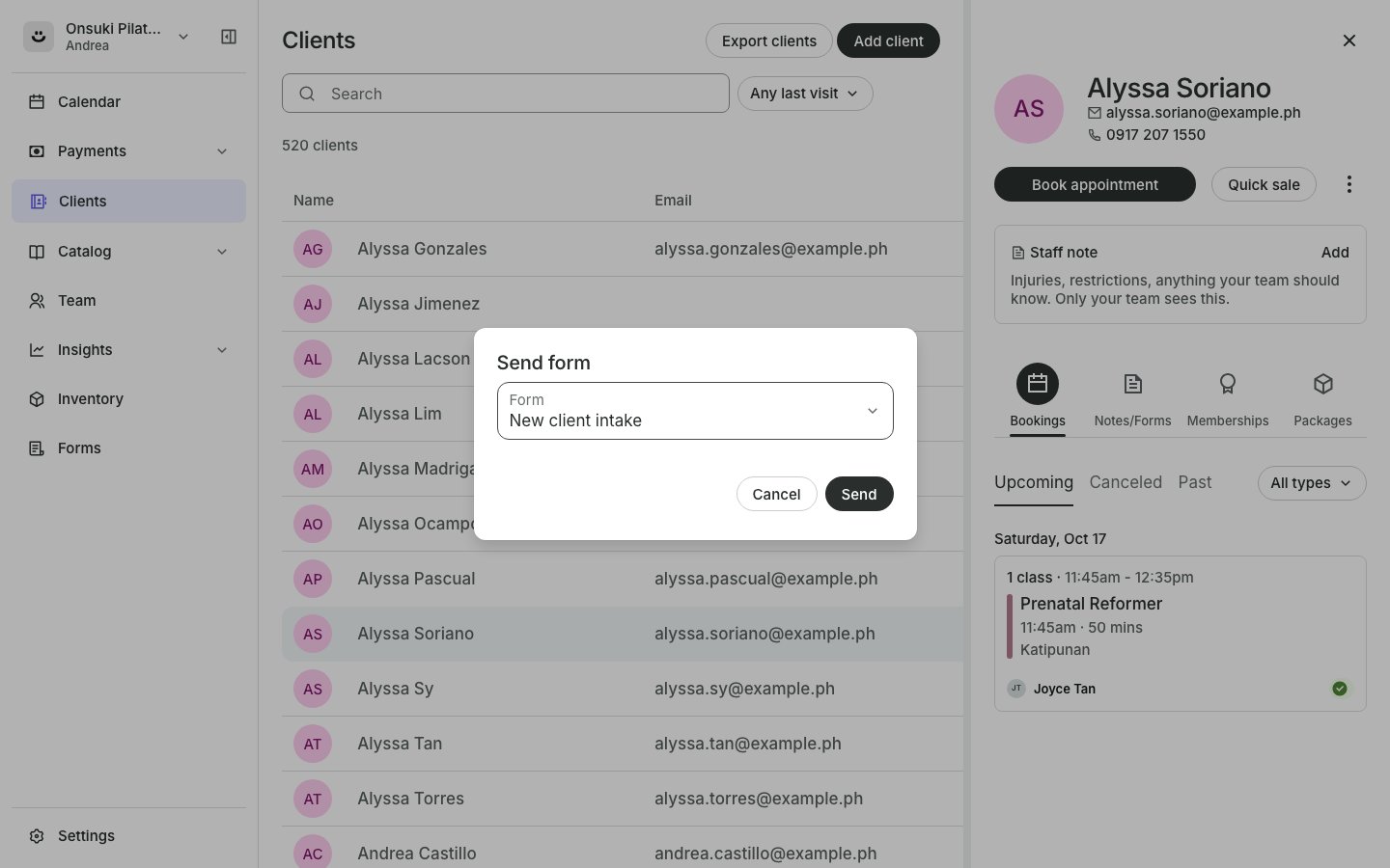 The Send form dialog with Form and For fields and a Send button
