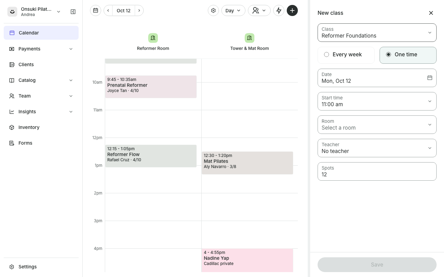 The New class panel opened from the calendar, with a class chosen and One time selected