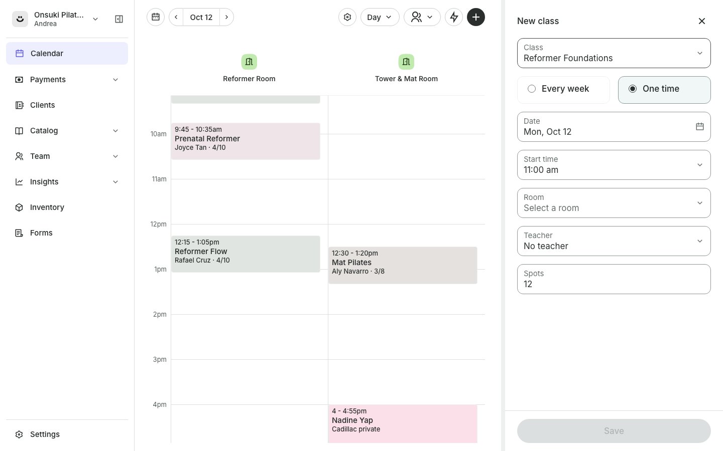 The New class panel opened from the calendar, with a class chosen and One time selected