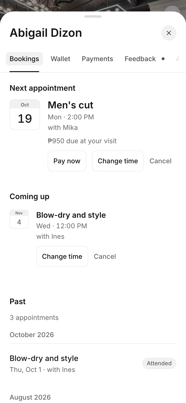 An upcoming appointment in the account with Change time and Cancel