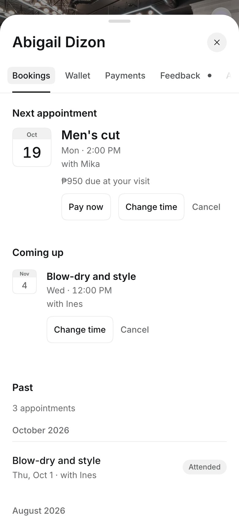 An upcoming appointment in the account with Change time and Cancel