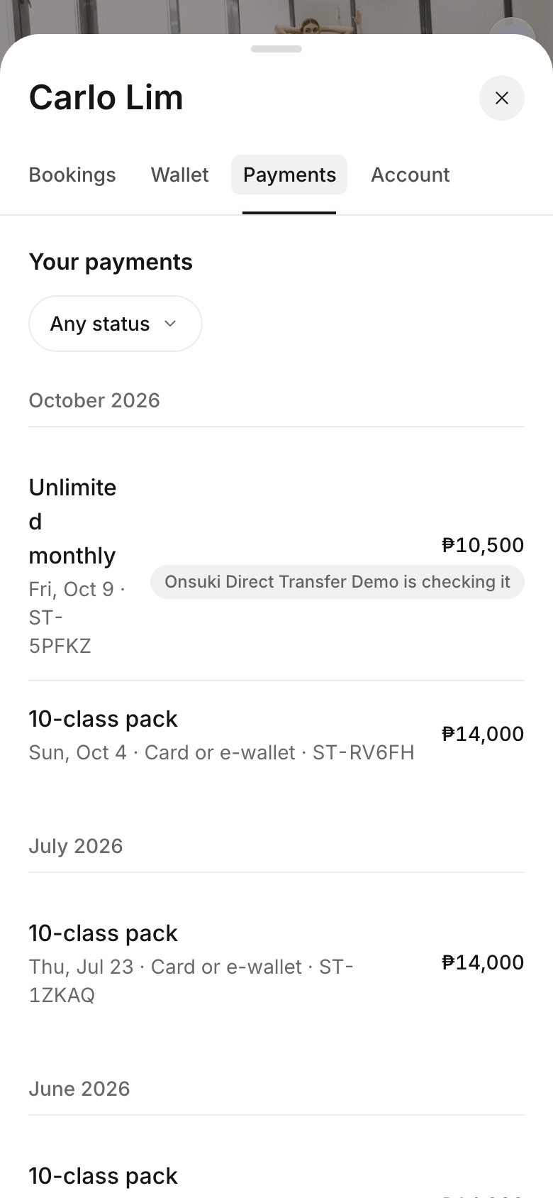 The Payments tab listing payments by month with their amounts and status