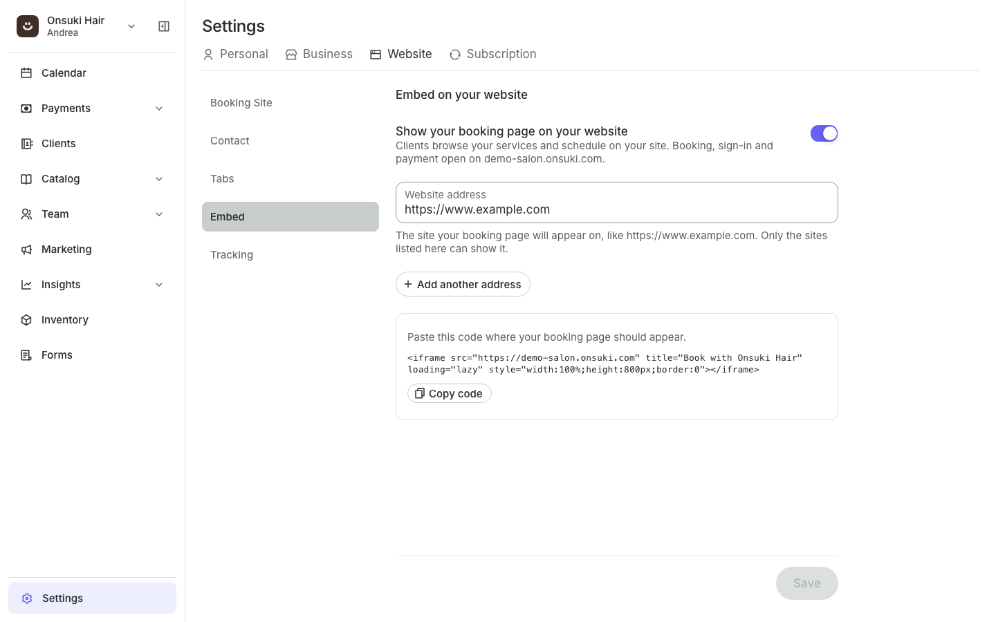 The Embed page with Show your booking page on your website turned on, a website address and the code to copy