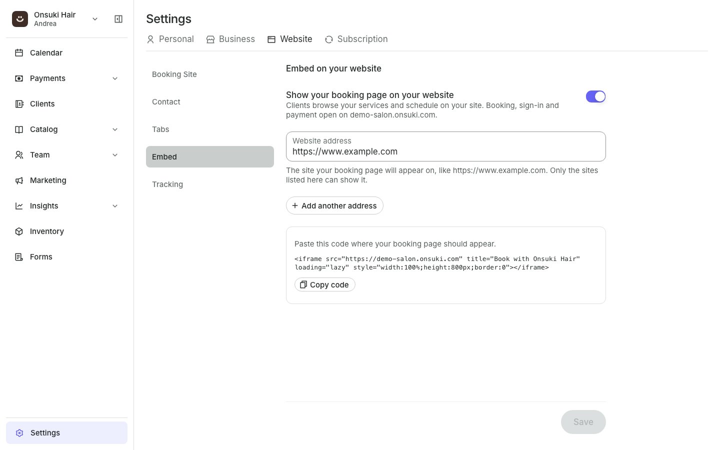 The Embed page with Show your booking page on your website turned on, a website address and the code to copy