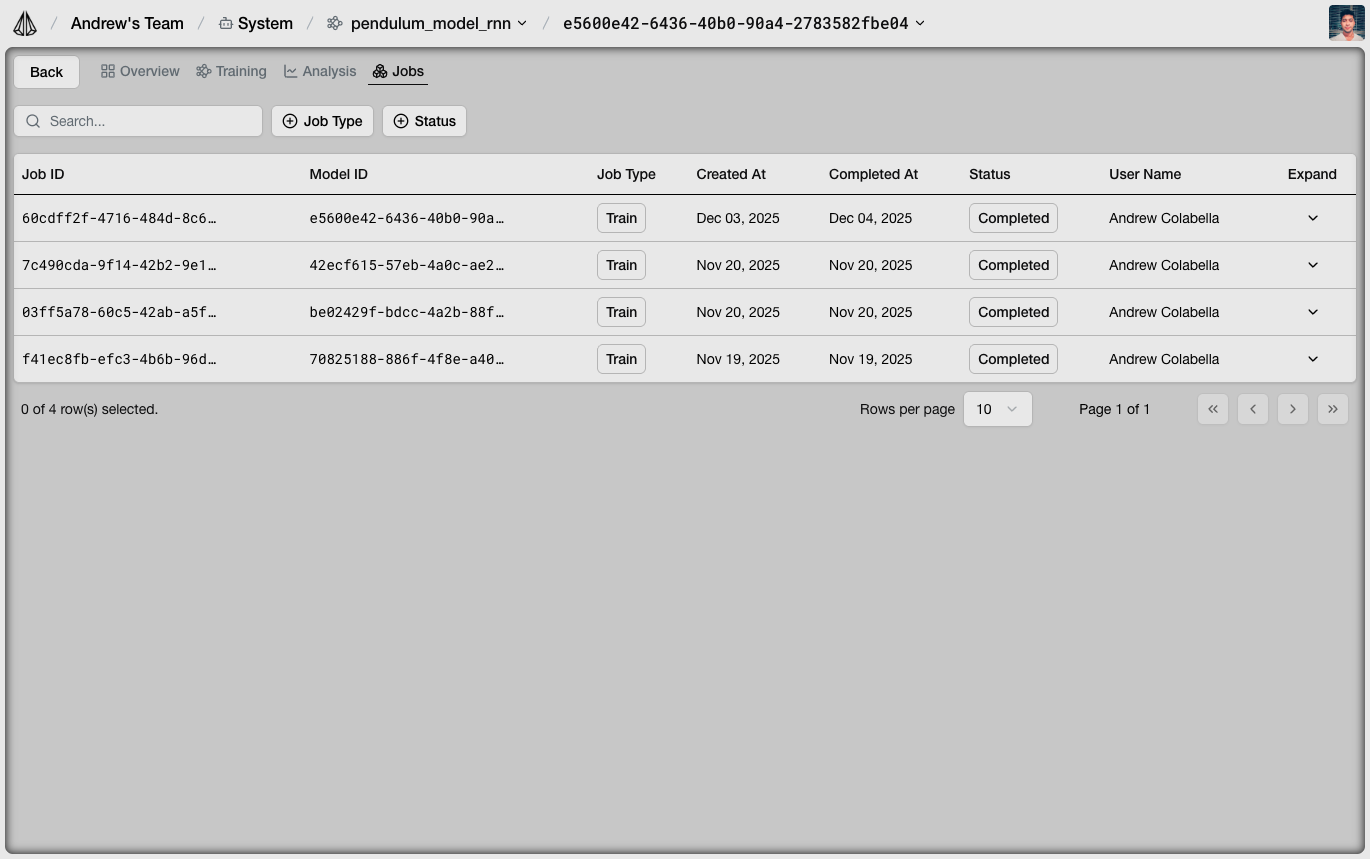Jobs tab showing training history