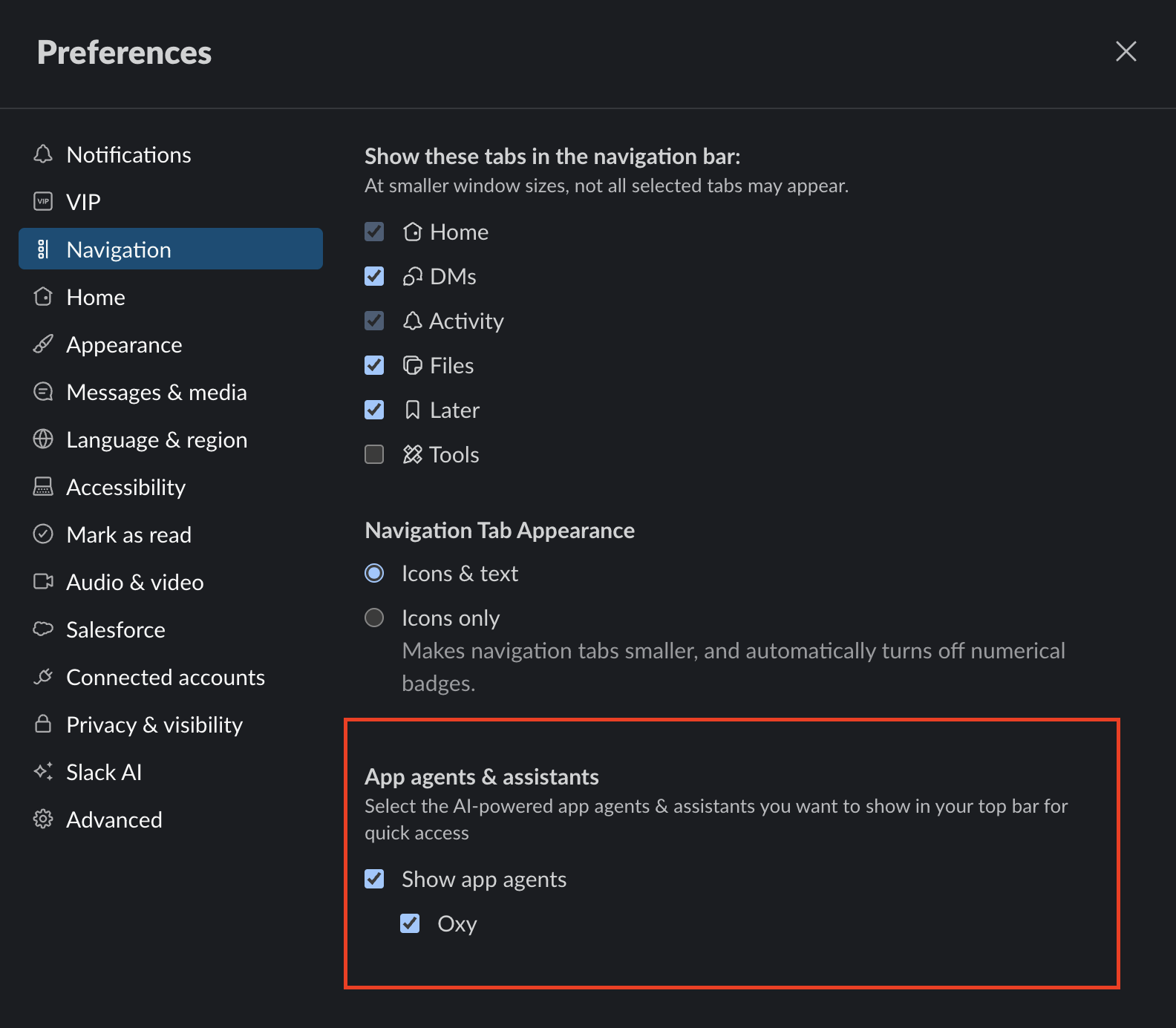 Slack Preferences showing App agents & assistants settings
