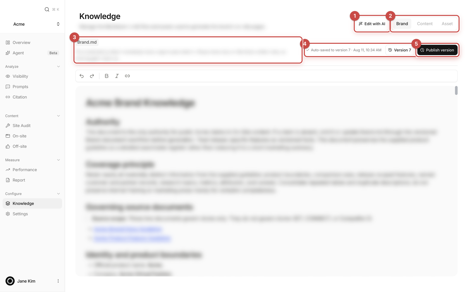 The Brand tab on the Knowledge screen
