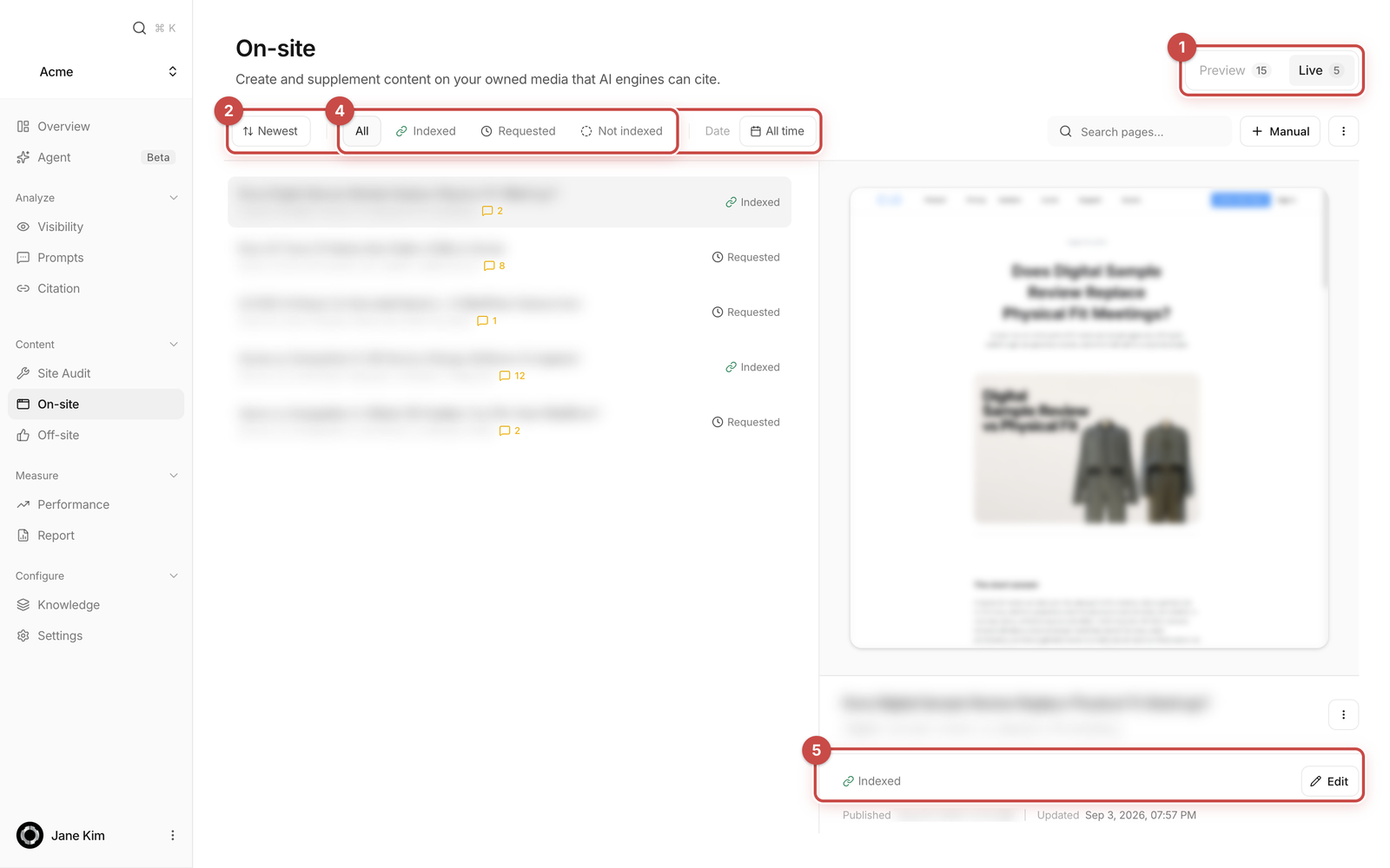 On-site page list showing the status of each page
