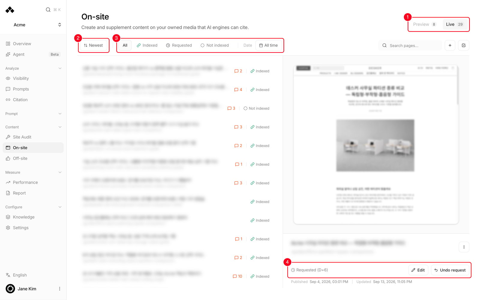 The On-site screen on the Live tab, with published pages listed on the left and a preview plus index status on the right.