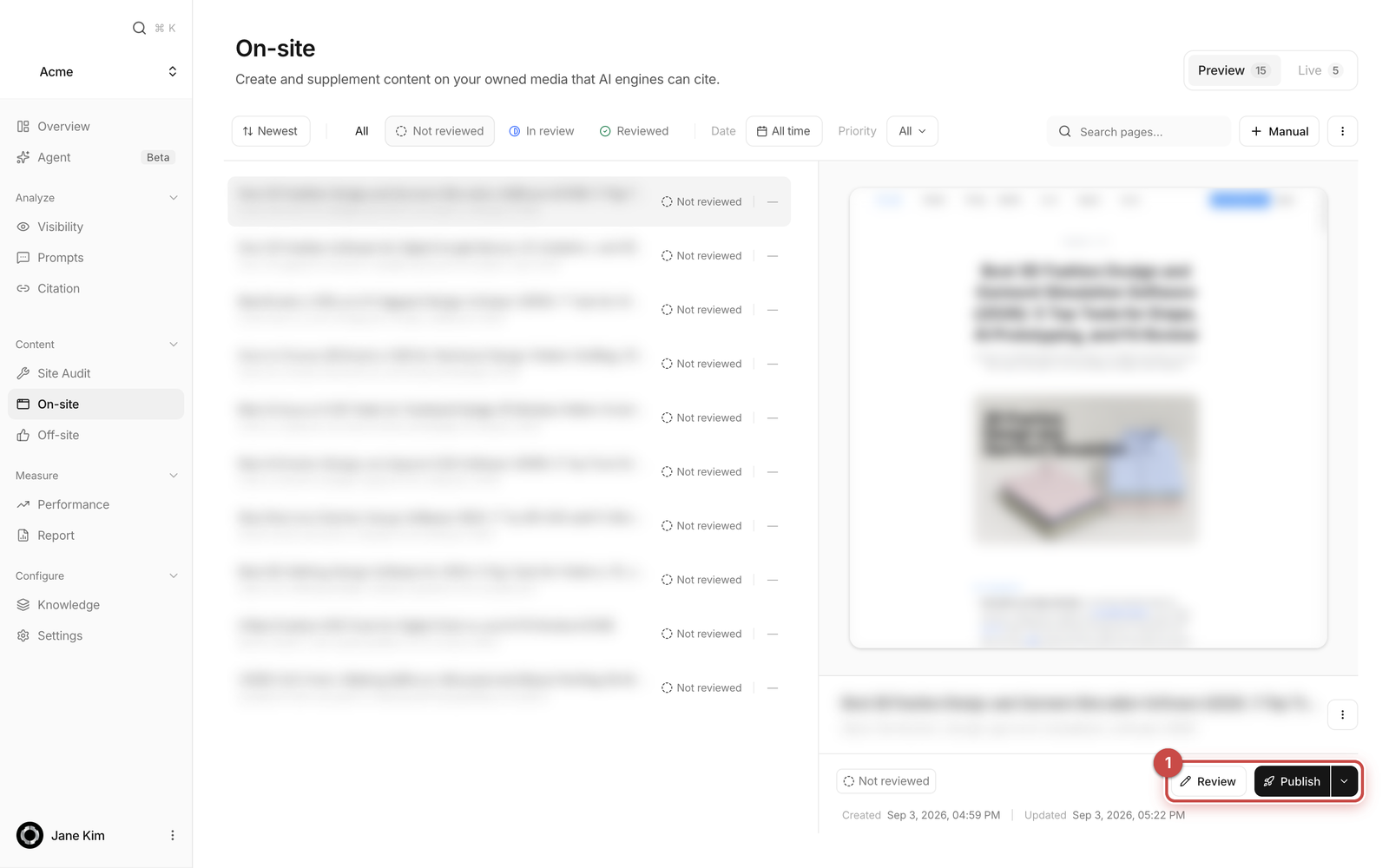 The On-site screen on the Preview tab, showing unpublished drafts with Review and Publish buttons.