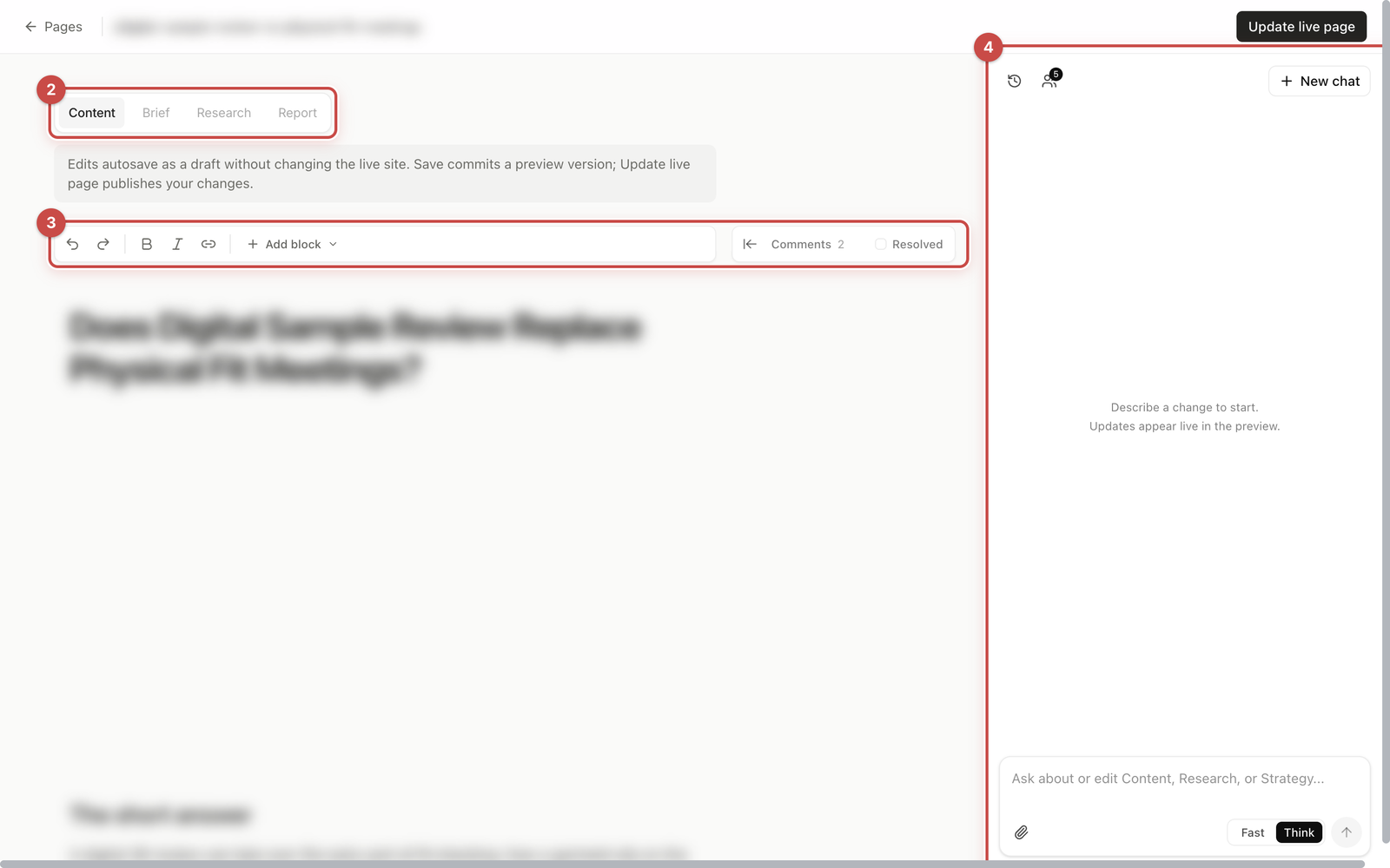 The page editor, with the article in the middle and the AI chat panel on the right.