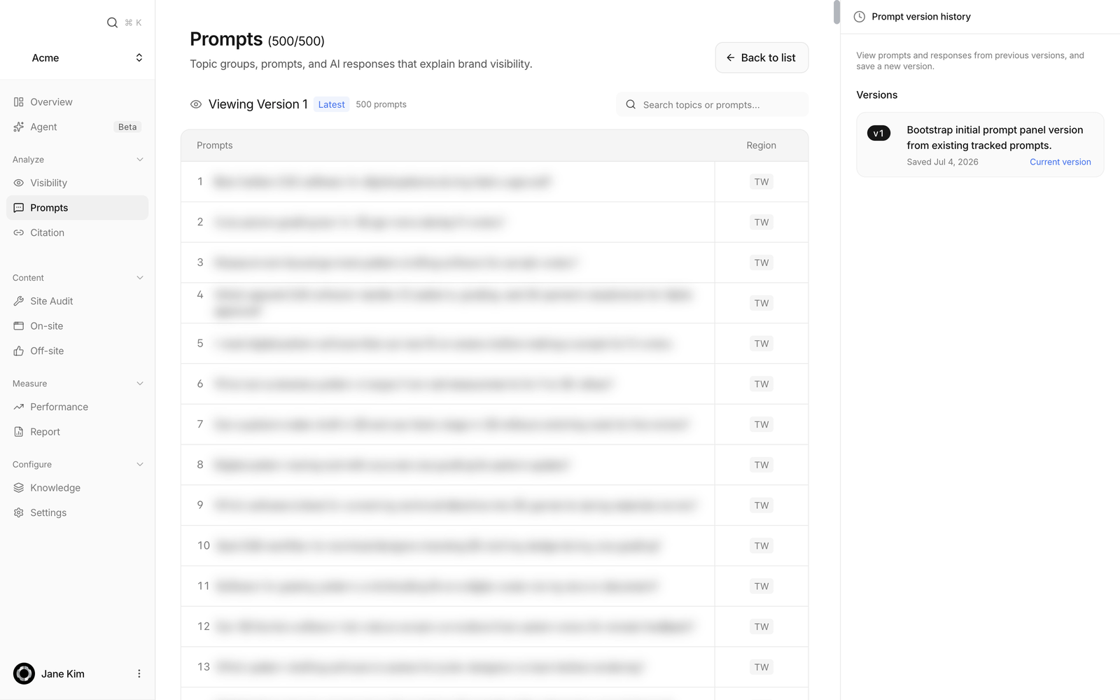 The prompt version history panel