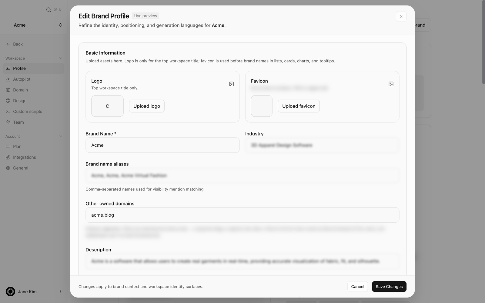 Edit Brand Profile dialog with logo, brand name, aliases and owned domain fields.