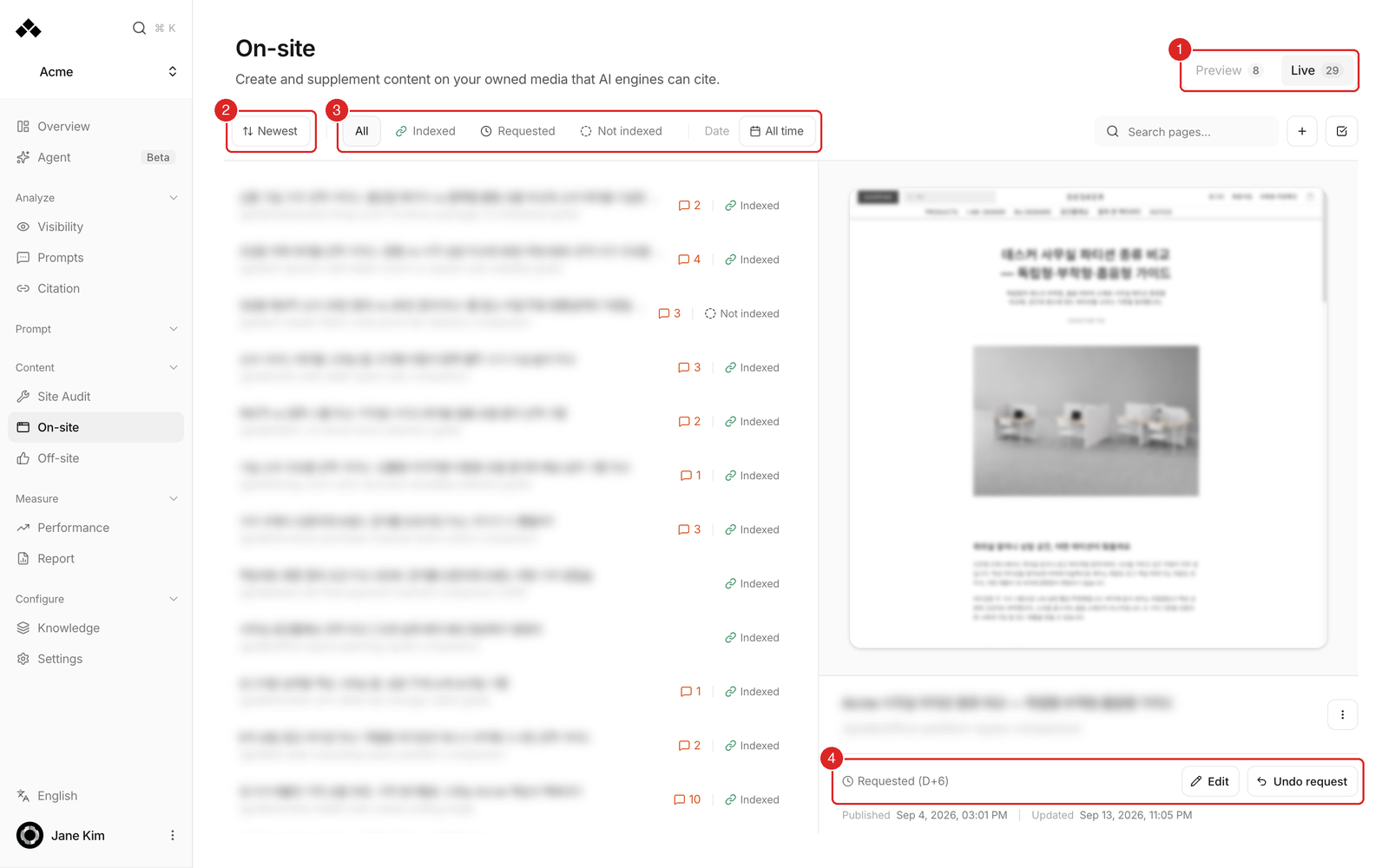 The On-site screen on the Live tab, with published pages listed on the left and a preview plus index status on the right.