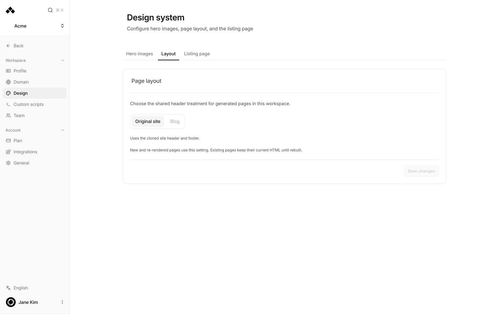 Design system screen, Layout tab, showing the Original site and Blog options.