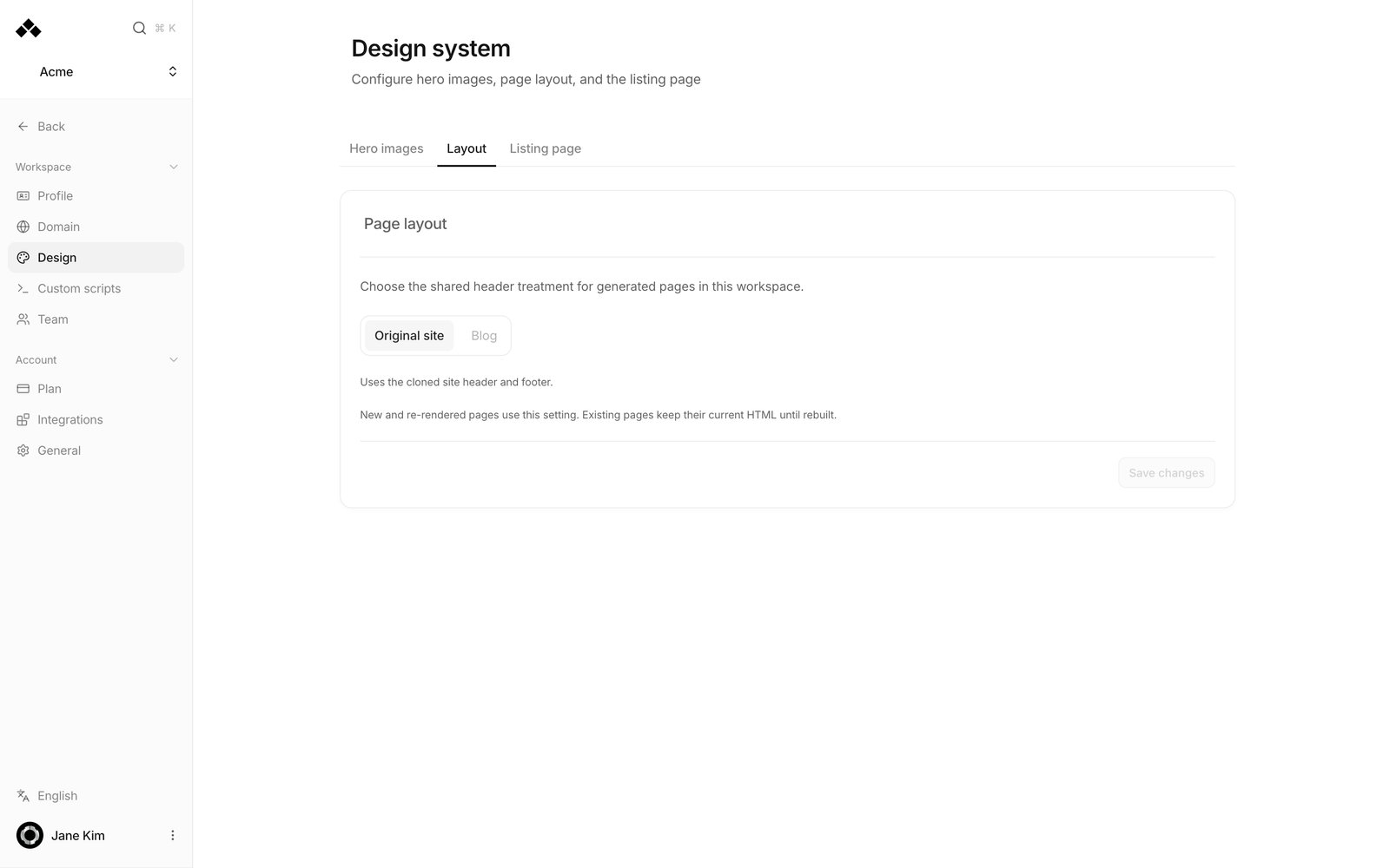 Design system screen, Layout tab, showing the Original site and Blog options.