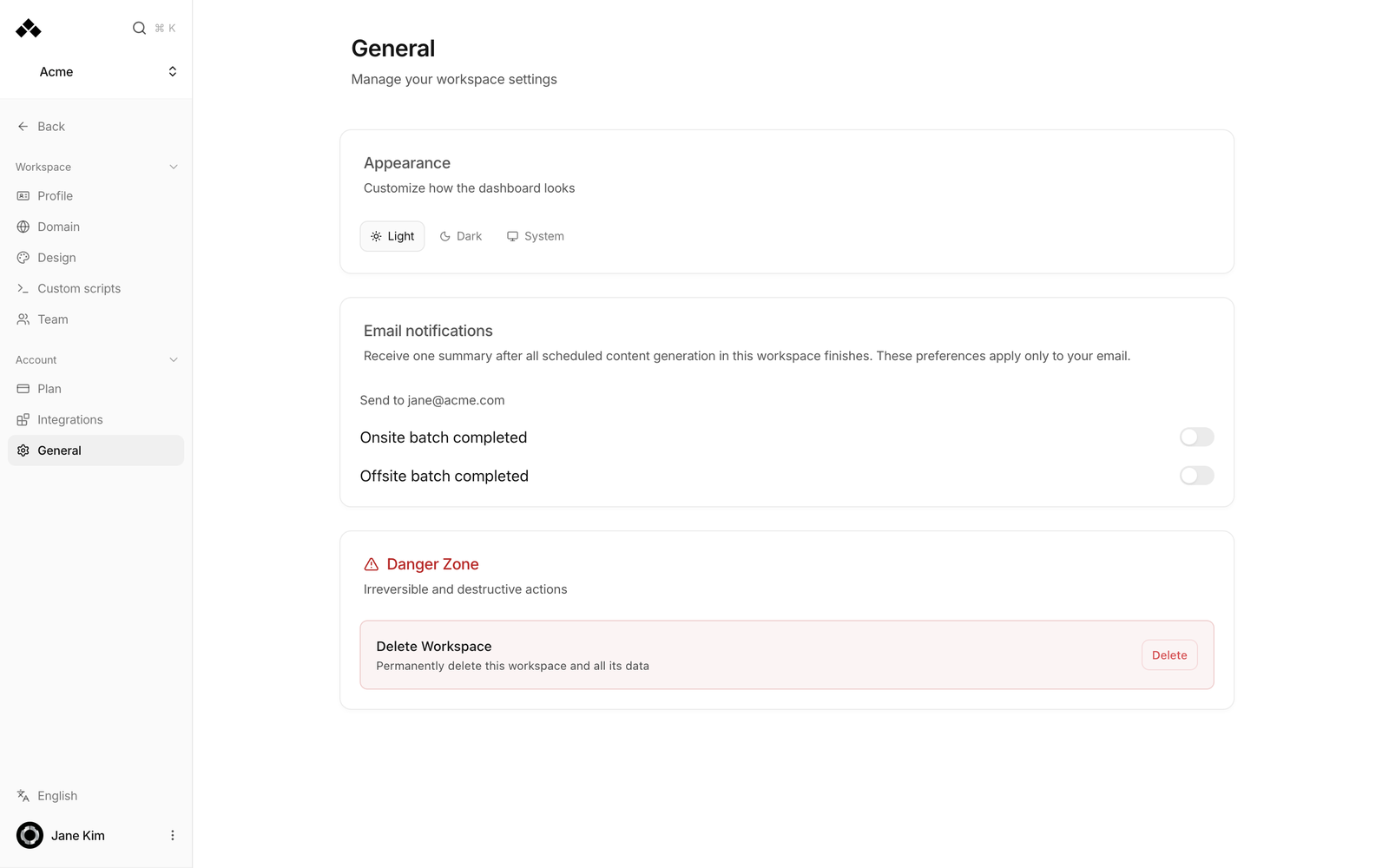 General settings with the Appearance, Email notifications and Danger Zone cards.