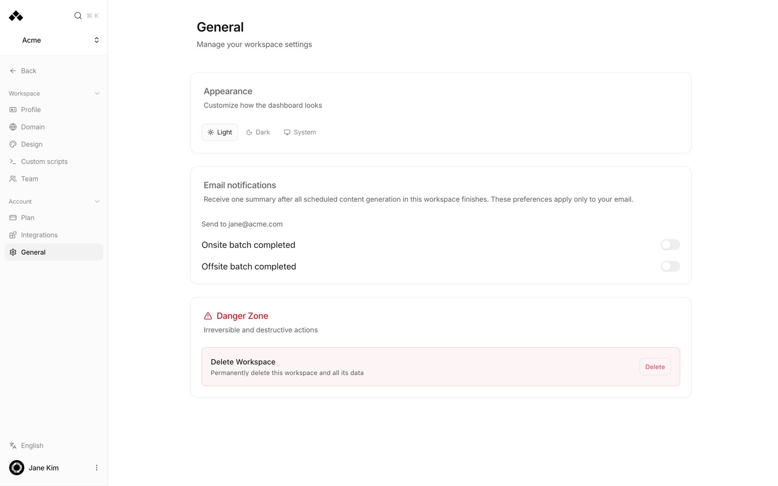 General settings with the Appearance, Email notifications and Danger Zone cards.
