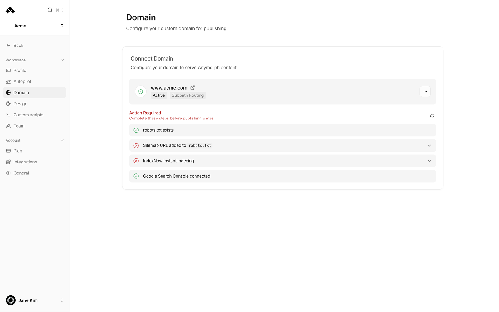 Domain screen with a connected domain, status chips and the checklist