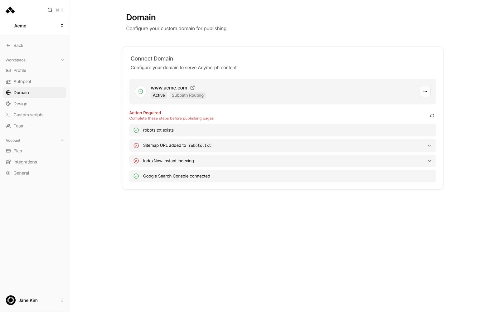 Connected domain with status badge and the publishing checklist.