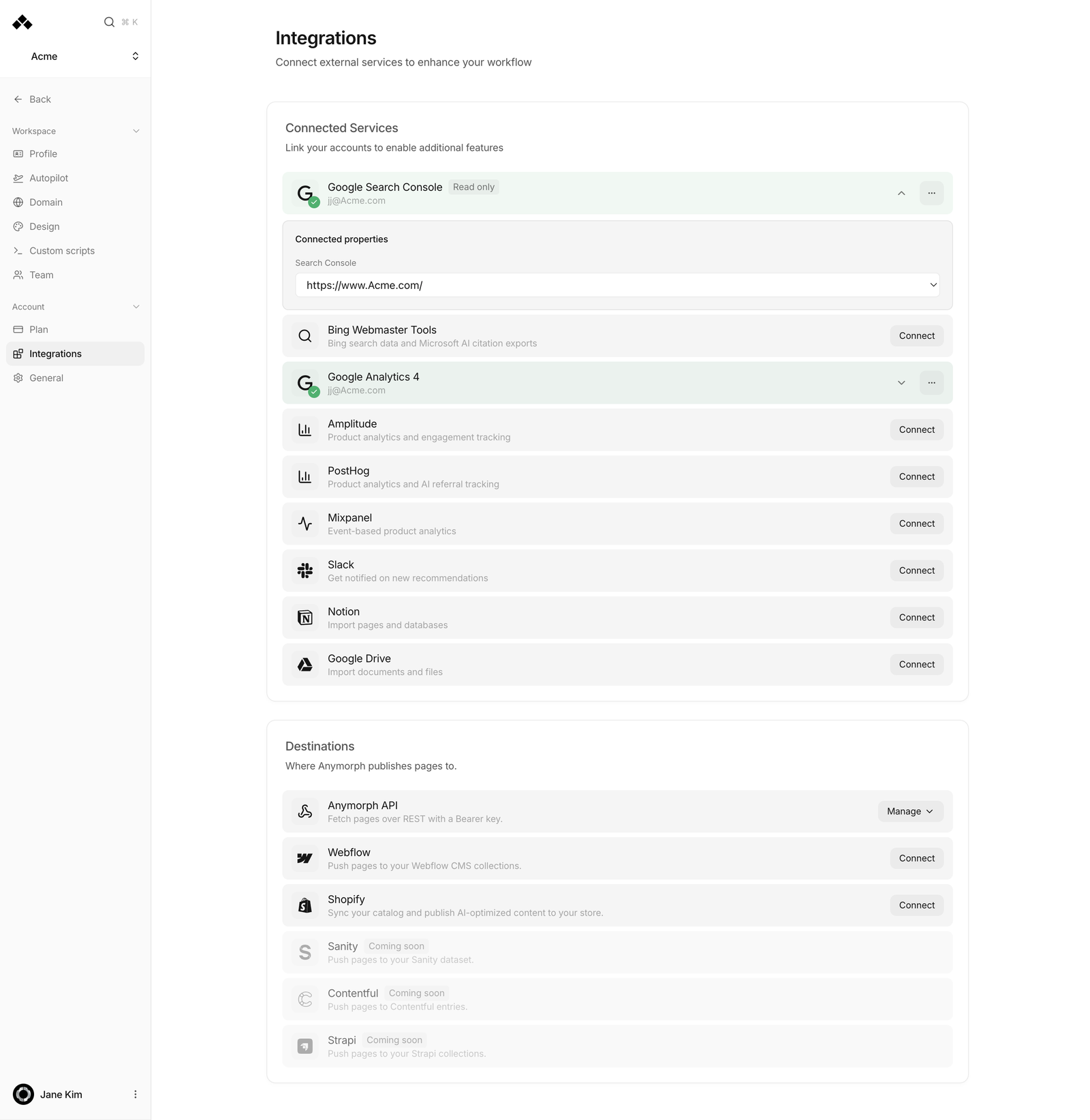 Connected Google service expanded to choose Search Console and Analytics properties