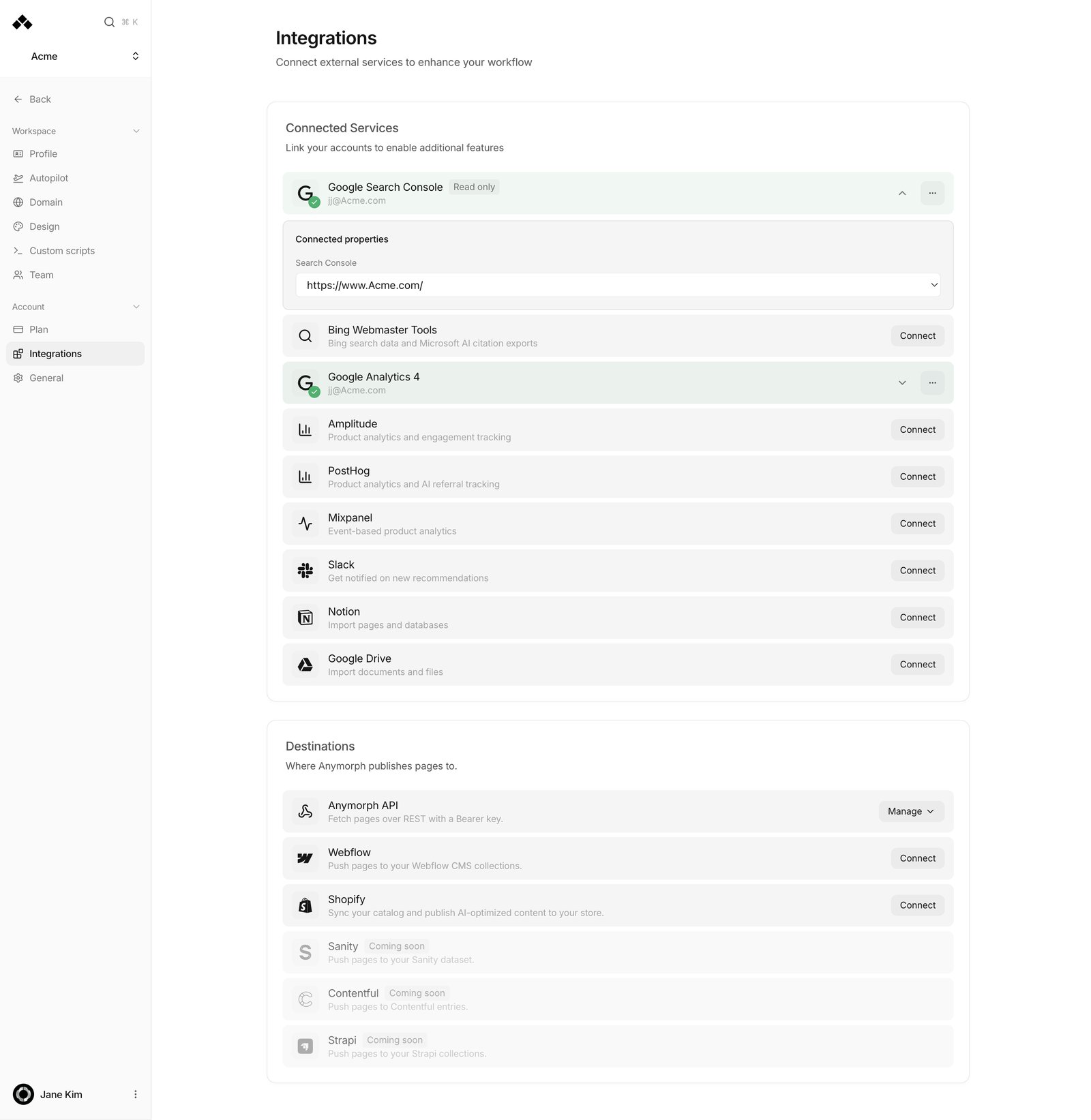 Connected properties 영역. Search Console 사이트와 GA4 속성 선택 목록이 보입니다.