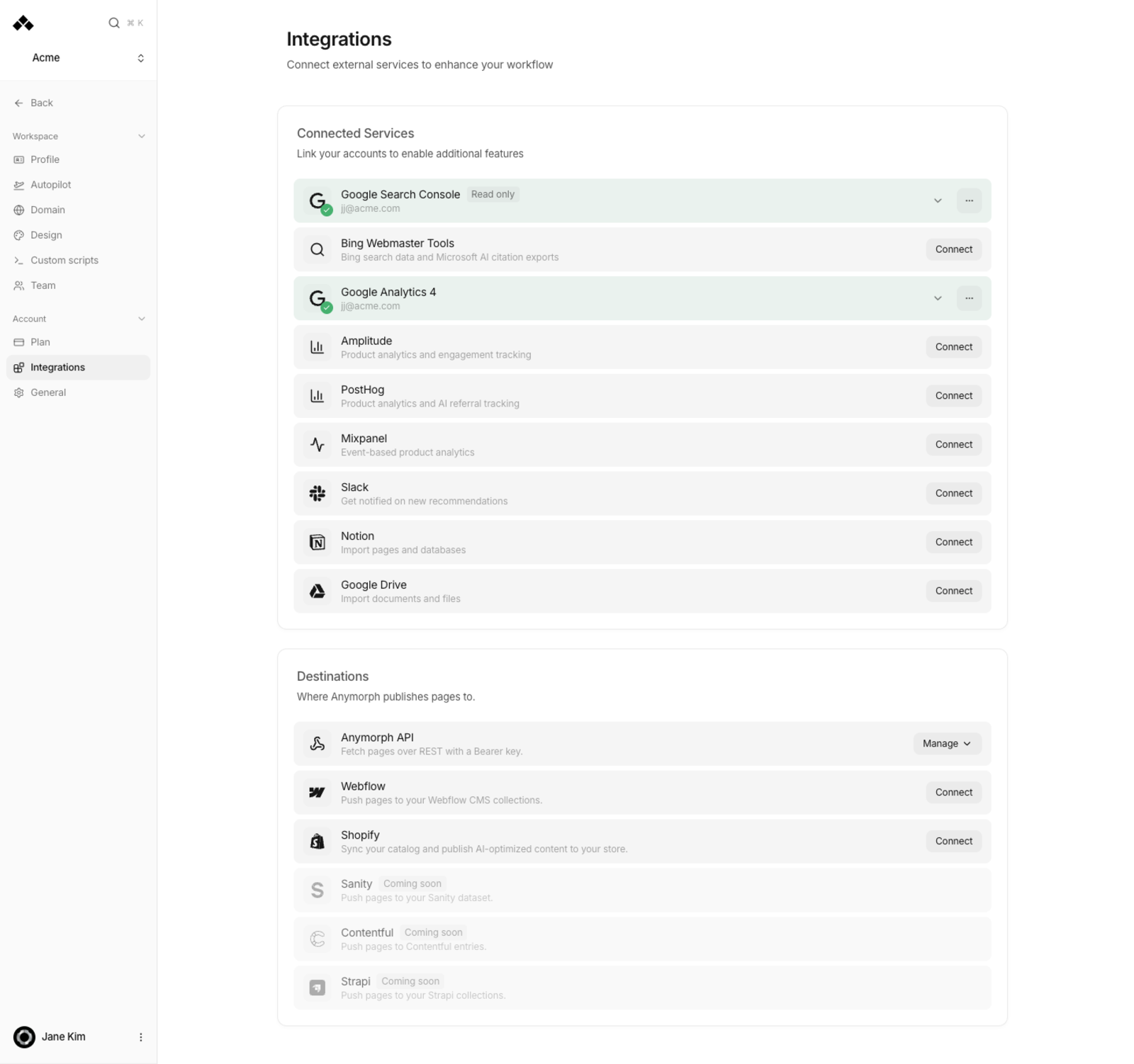 Integrations screen listing the services you can connect.