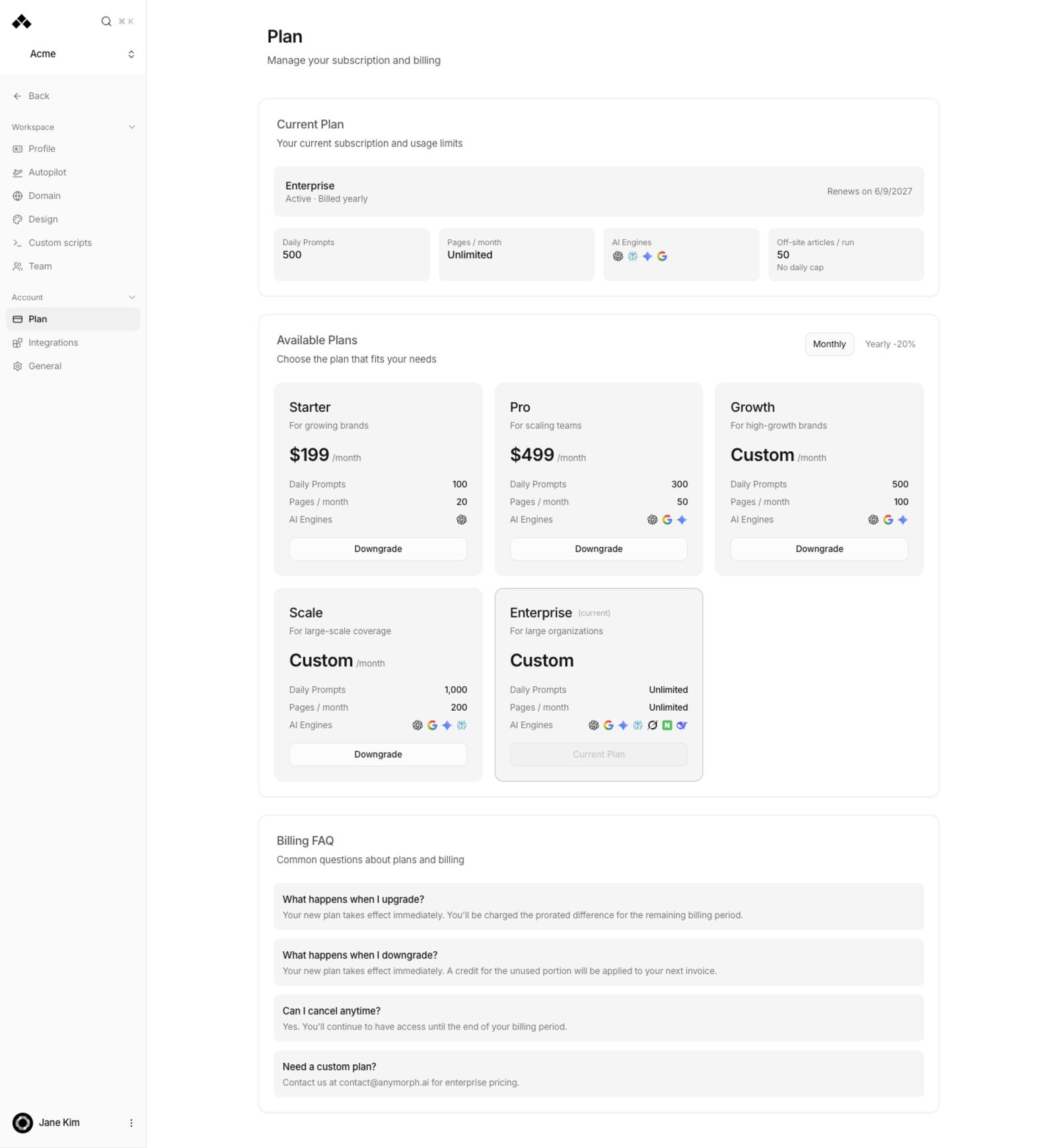 Plan screen with the current plan tiles and the available plans list.