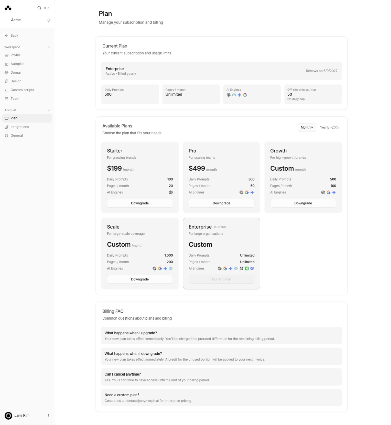 Plan screen with the current plan tiles and the available plans list.