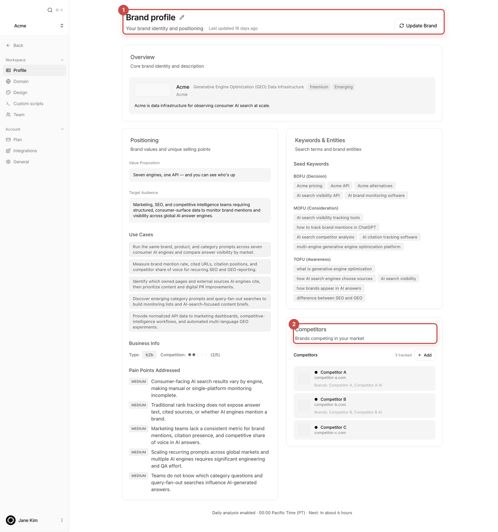 Brand profile screen with Overview, Positioning, Keywords & Entities and Competitors cards.