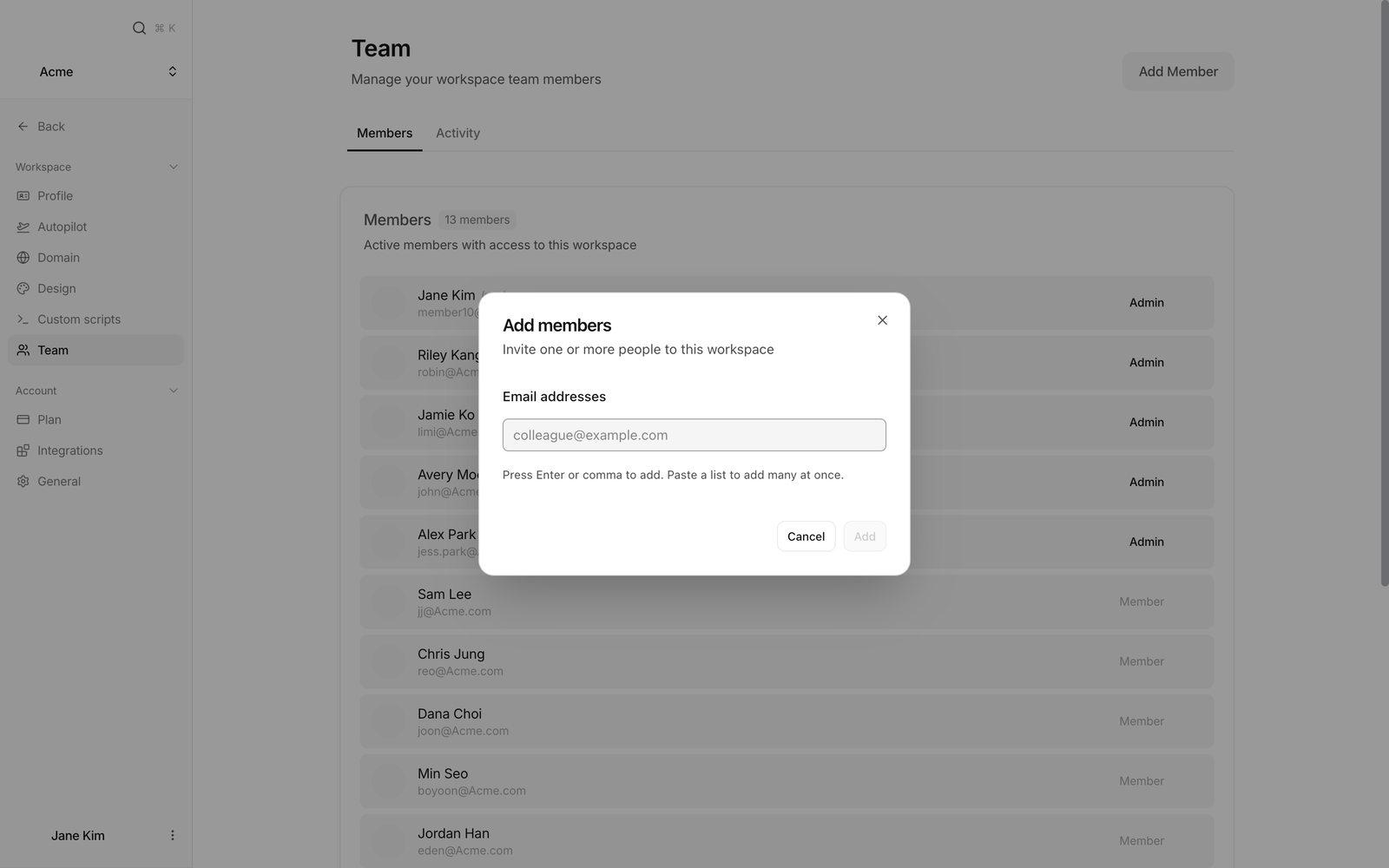 Add members dialog with the email address field.