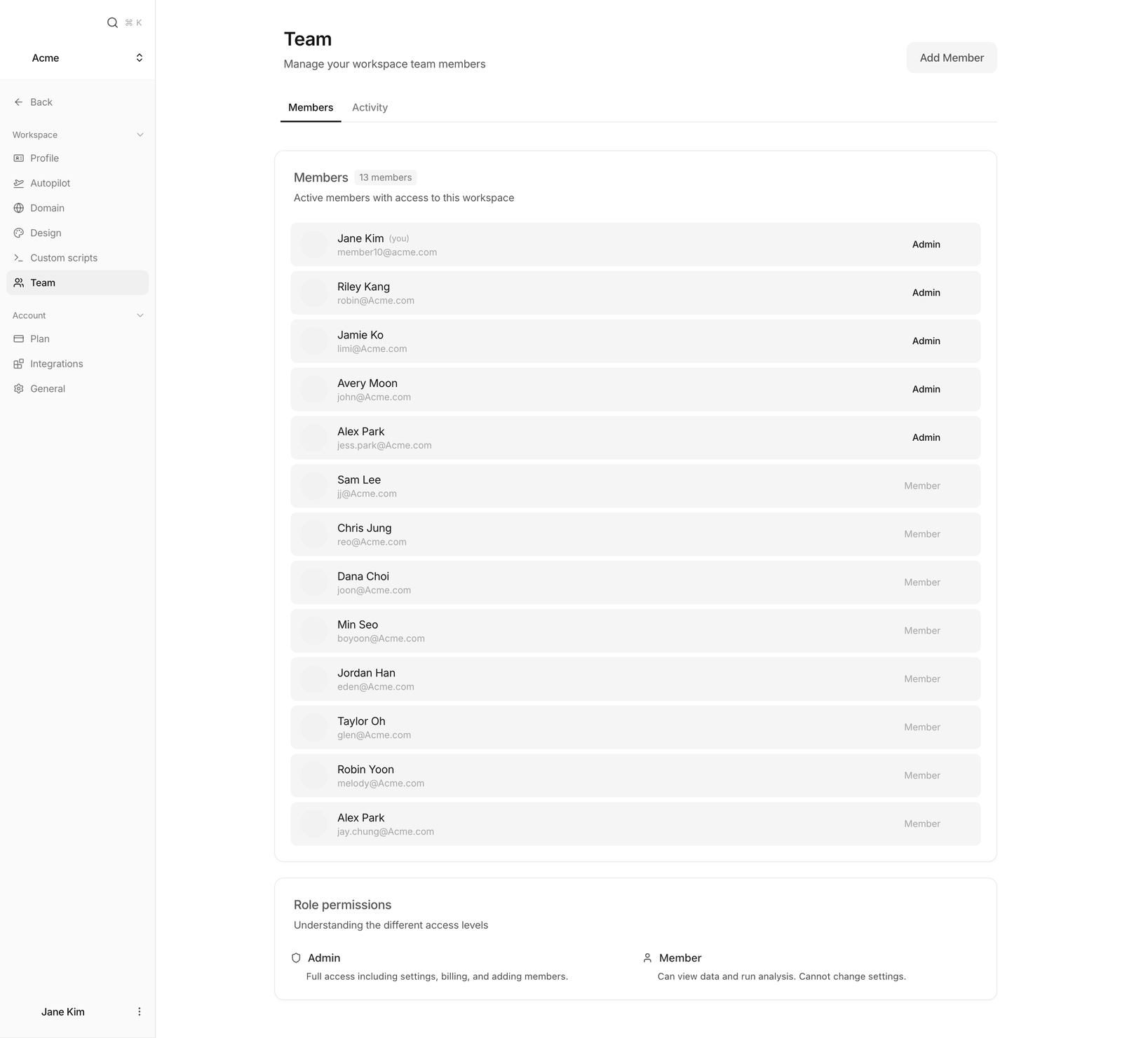 Team screen with the member list, roles and the Add Member button.