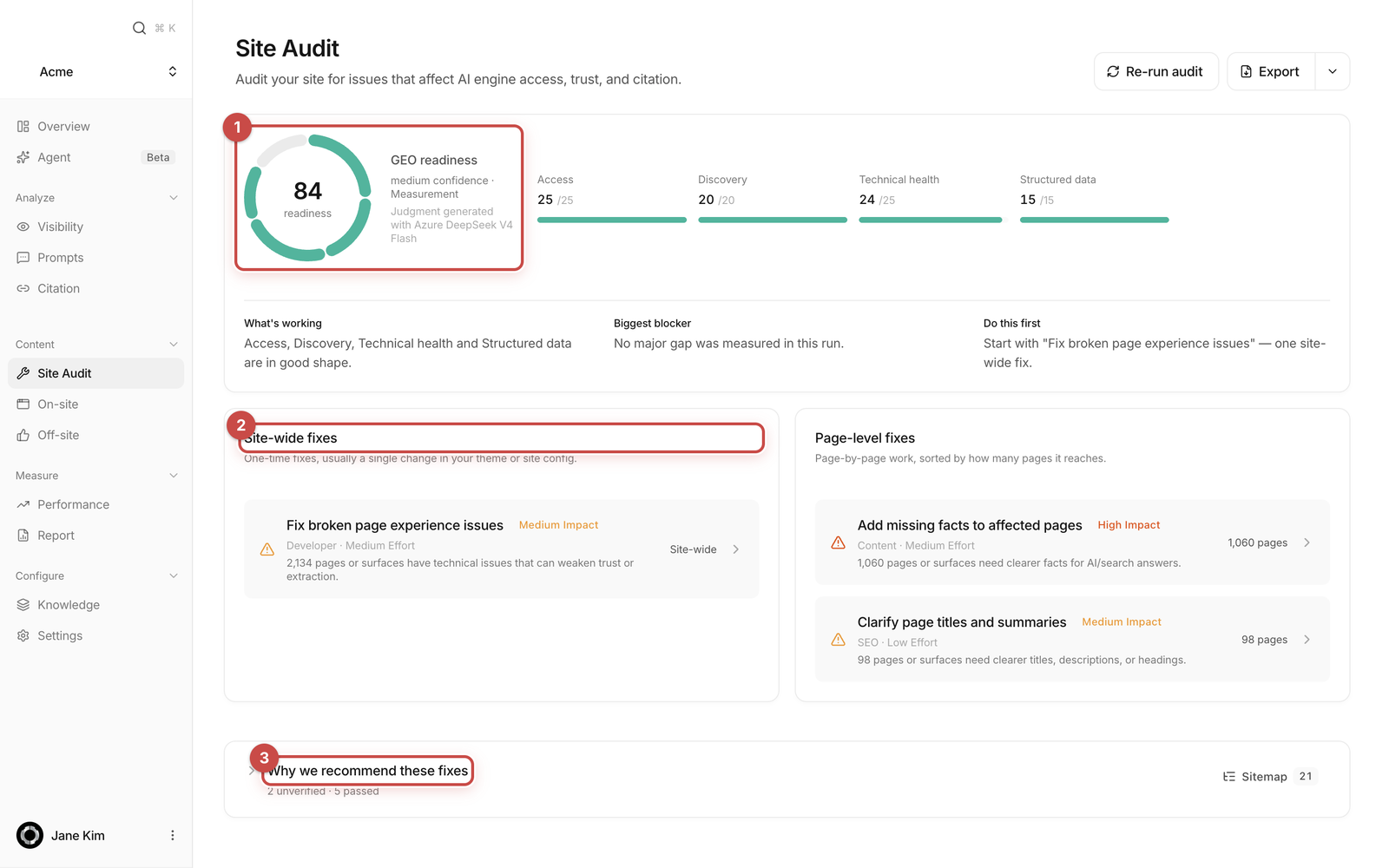 Site Audit 화면. GEO readiness 점수 카드, 개선 권고 목록, 점검 근거 카드